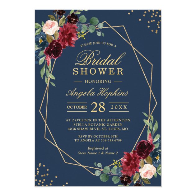 Navy Blue Burgundy Red Floral Modern Bridal Shower Invitation