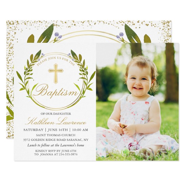 Greenery Wreath Gold Cross Girl Baptism Photo Invitation