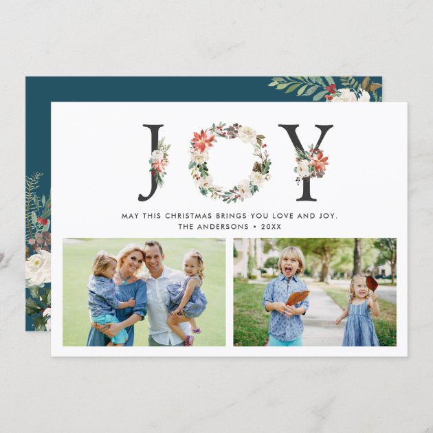 JOY Christmas Floral Wreath Two Photos Collage Holiday Card