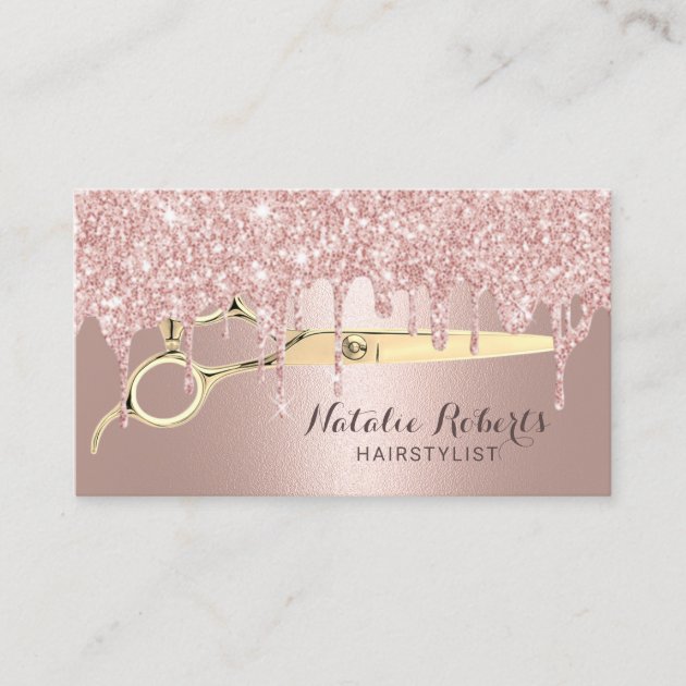 Hair Stylist Rose Gold Glitter Drips Beauty Salon Business Card (front side)