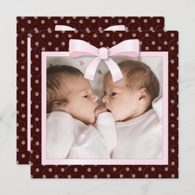 Pink Dots Twin Girls Baby Photo Birth Announcement