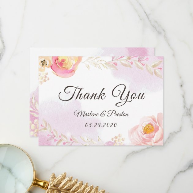 Romantic Watercolor Pink & Gold Floral Thank You