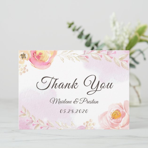 Romantic Watercolor Pink & Gold Floral Thank You