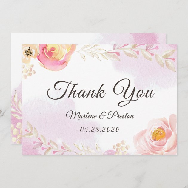 Romantic Watercolor Pink & Gold Floral Thank You