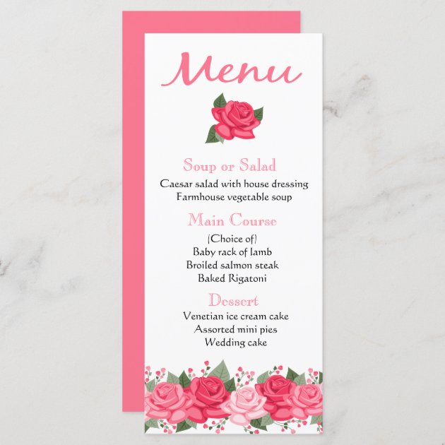 Floral Pink Rose Flowers Menu - Wedding, Party