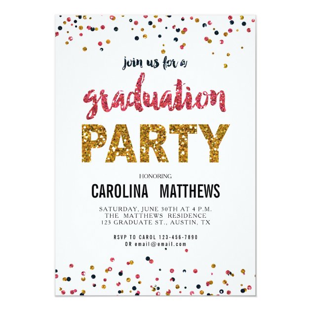Gold Pink Confetti Graduation Party Invitation