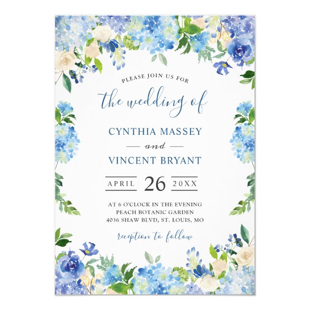 Shades Of Blue Hydrangeas Pastel Floral Wedding Invitation