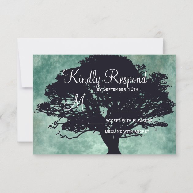 Blue Mist Oak Tree Silhouette Wedding RSVP Cards