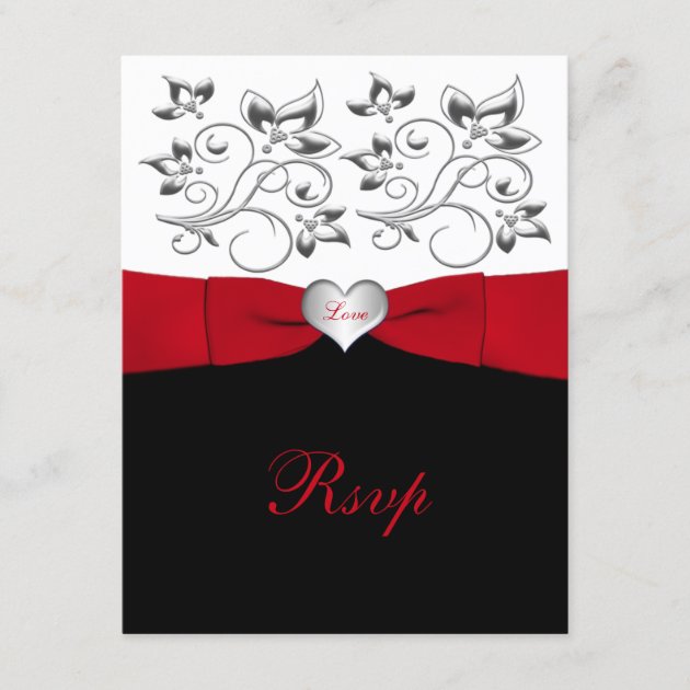 Black White Red PRINTED RIBBON Floral Reply Card