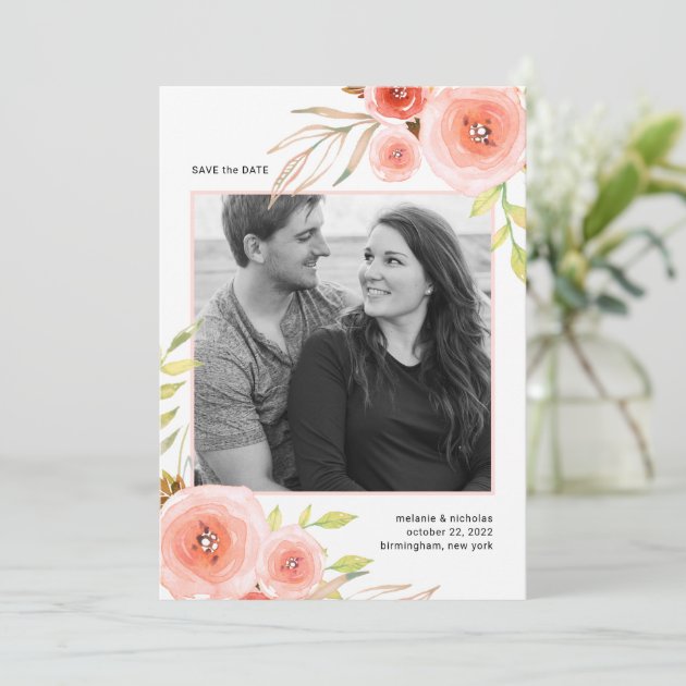 Blush Pink Floral Photo Save The Date Card