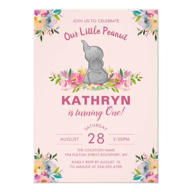 Watercolor Elephant Pink Floral Girl 1st Birthday Invitation