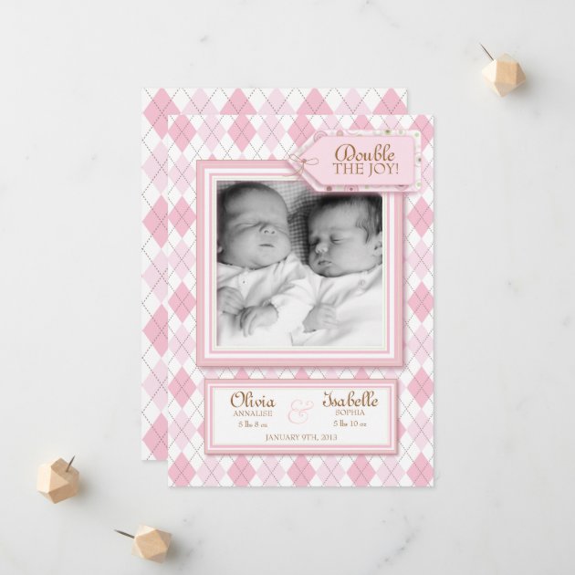 Sweet Twin Girl Argyle Photo Birth Announcement