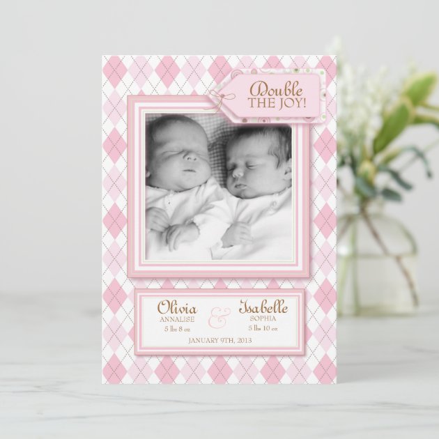 Sweet Twin Girl Argyle Photo Birth Announcement