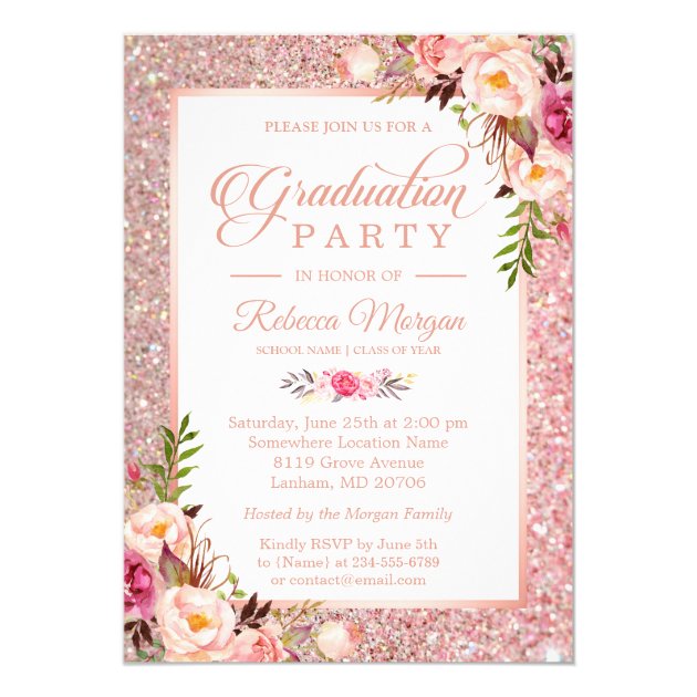 Rose Gold Glitter Pink Floral Graduation Party Invitation