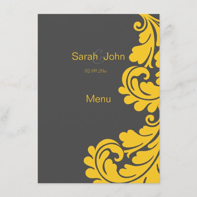 Grey and yellow damask wedding menu