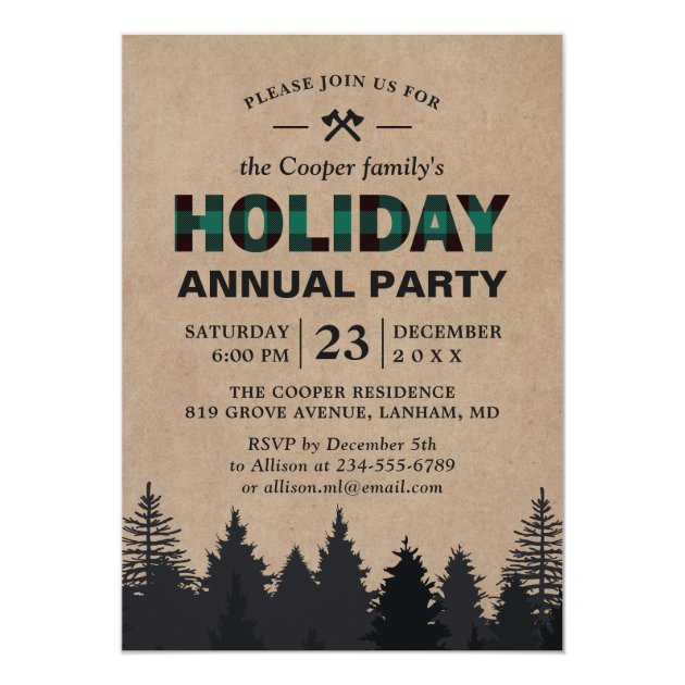 Lumberjack Green Buffalo Plaid Pines Holiday Party Invitation