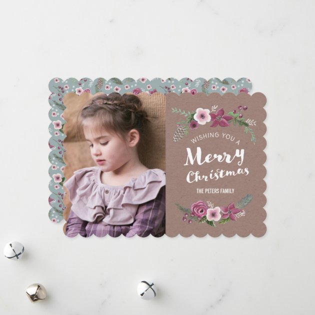 Merry Christmas Floral Wreath Holiday | Photo Card