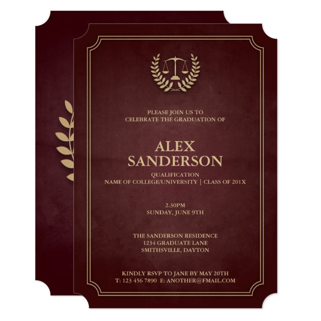 Maroon And Gold Law School Graduation Invitation