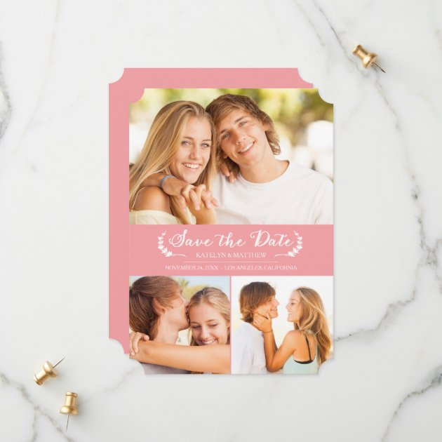 Modern Laurel Save The Date Photo Card / Pink