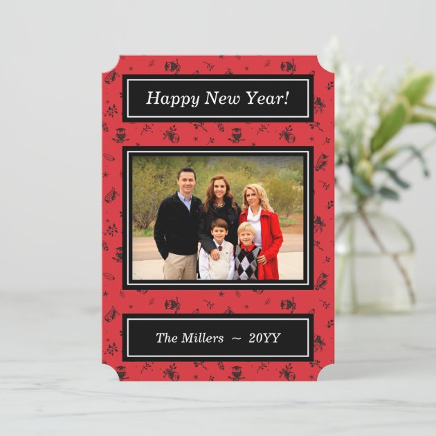 Owls On Red - Happy New Year Photo Holiday Card