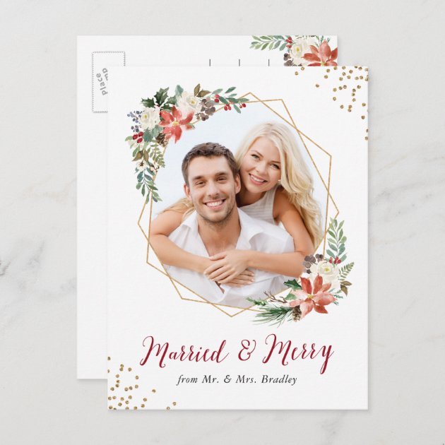 Married And Merry Gold Geometric Newlywed Photo Holiday Postcard