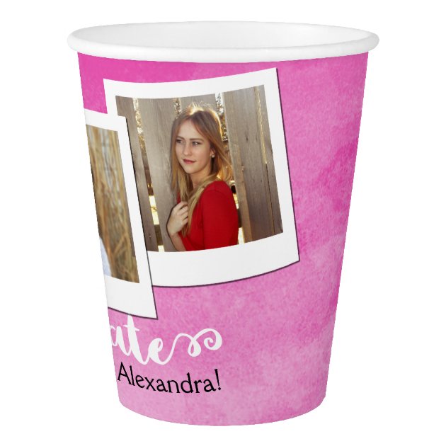 Hot Pink Wash Brushed 3 Photo Graduation Party Paper Cup