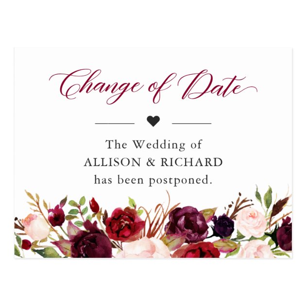 Change of Date Rustic Burgundy Red Blush Floral Postcard