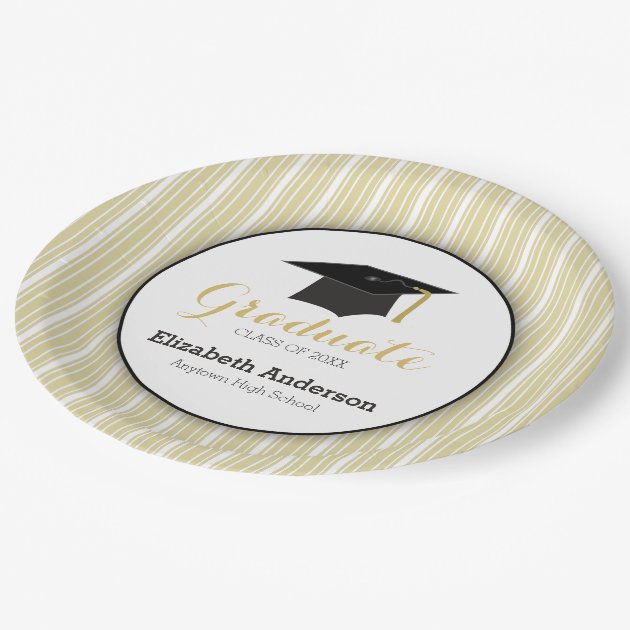 Gold Stripes And Hat Personalized Graduation Paper Plate