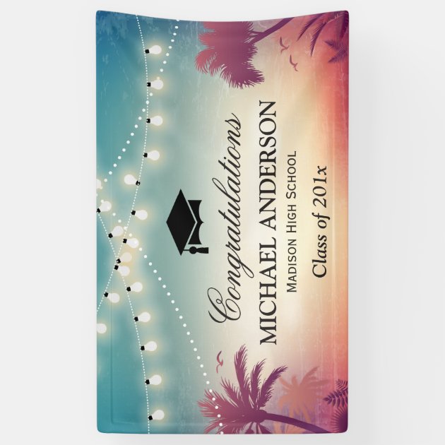 Graduation Party String Lights Summer Palm Trees Banner
