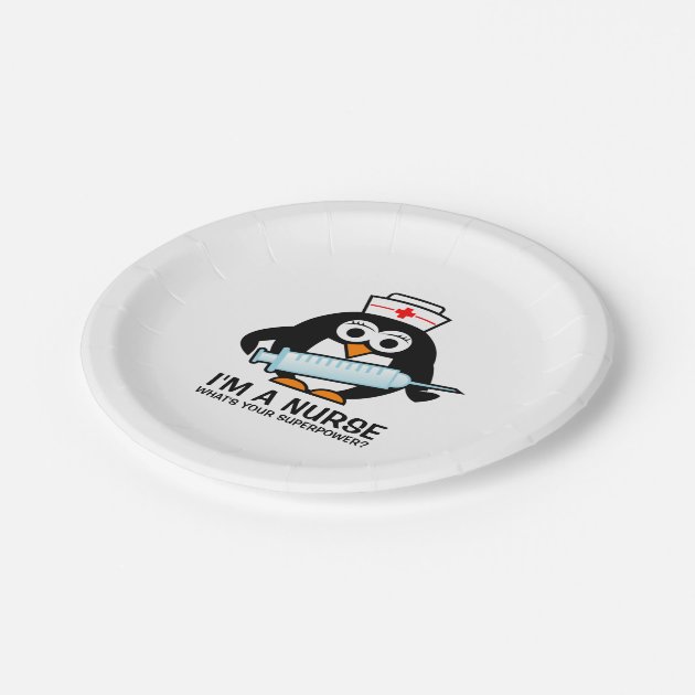 Funny Nursing Party Plates With Cute Penguin Nurse