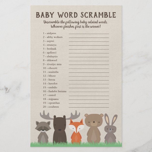 Woodland Baby Shower Word Scramble Game Invitations