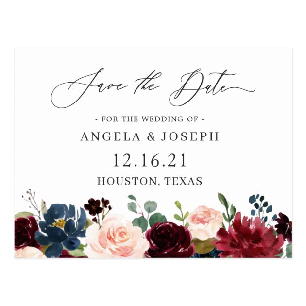 Burgundy Red Navy Floral Wedding Save the Date Postcard