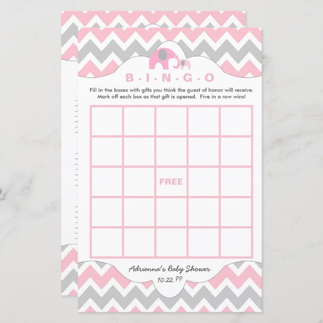 Personalized Pink Elephant Baby Shower Games Bingo