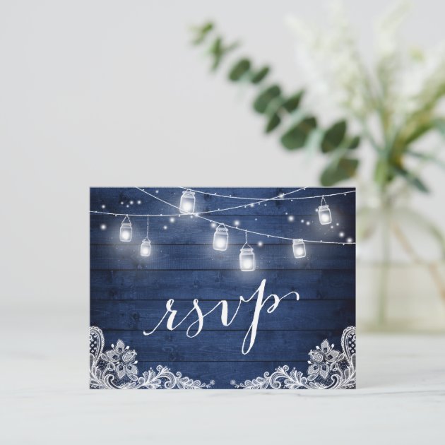 Rustic Midnight Blue Mason Jar Lights Wedding RSVP Invitation Postcard