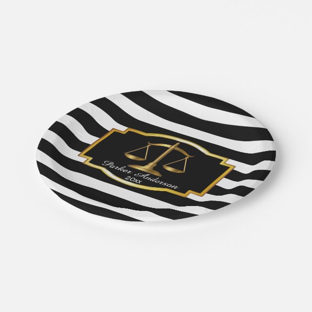Black Striped Gold Law Scales Graduation Party Paper Plate