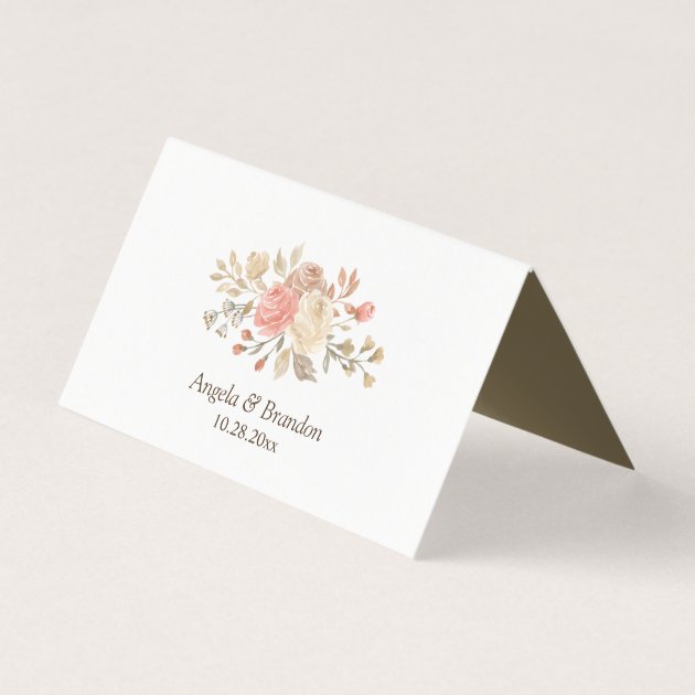 Rustic Autumn Beige Brown Floral Wedding Table Place Card