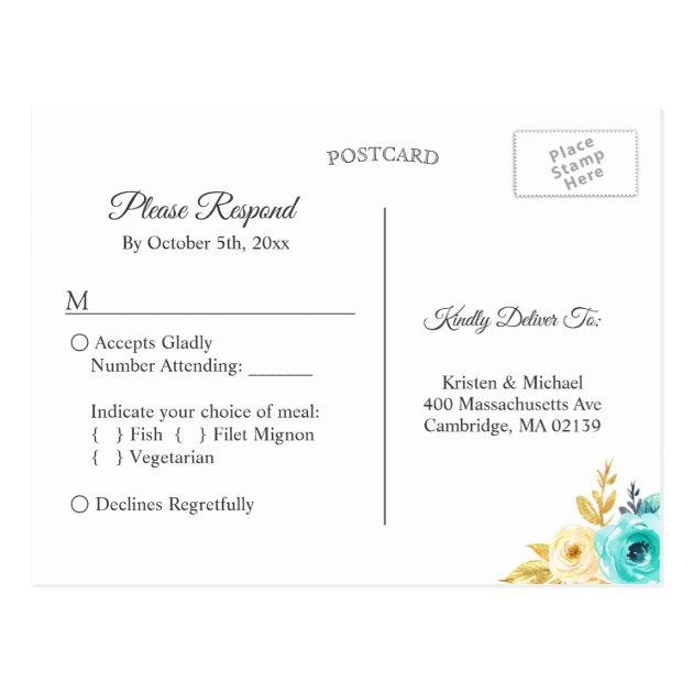 Wedding RSVP - Watercolor Navy Blue Gold Floral Postcard
