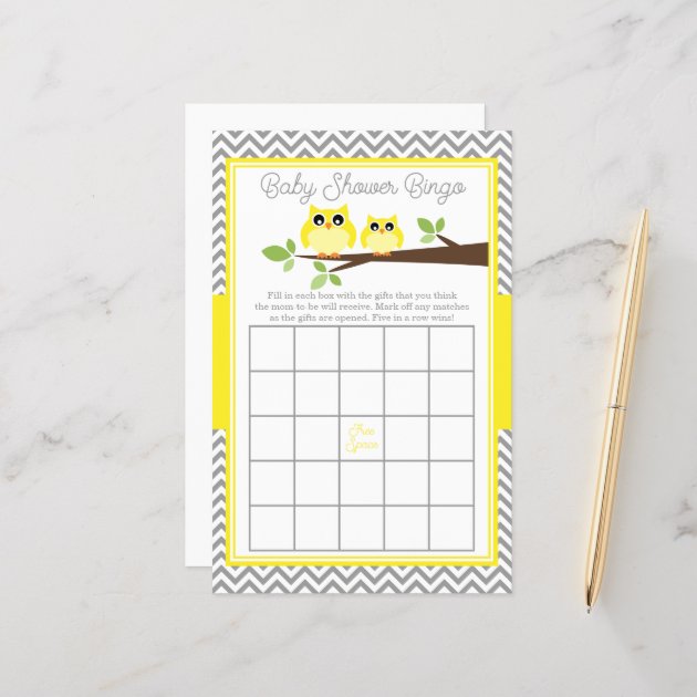 Bright Yellow Owl Gray Chevron Baby Shower Bingo