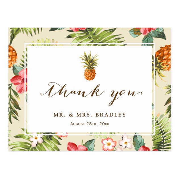 Tropical Leaves Pineapple Hand Script Thank You Postcard
