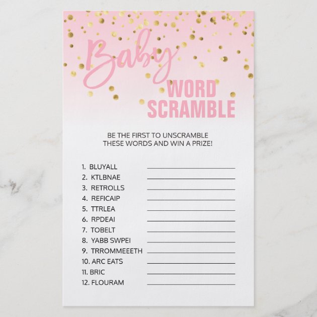 Pink Gold White Girl Baby Shower WORD SCRAMBLE Flyer