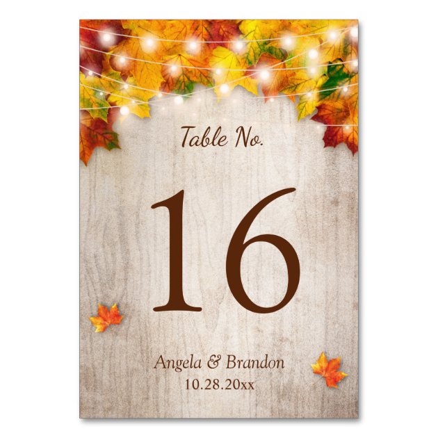 Rustic Wood Autumn Leaves Wedding Table Number