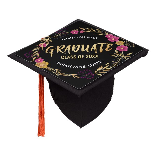 Metallic Golden Pink Floral Wreath Graduate Year Graduation Cap Topper