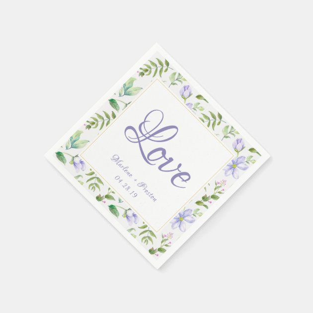 Elegant Purple Floral Garden Love Script Wedding Paper Napkin