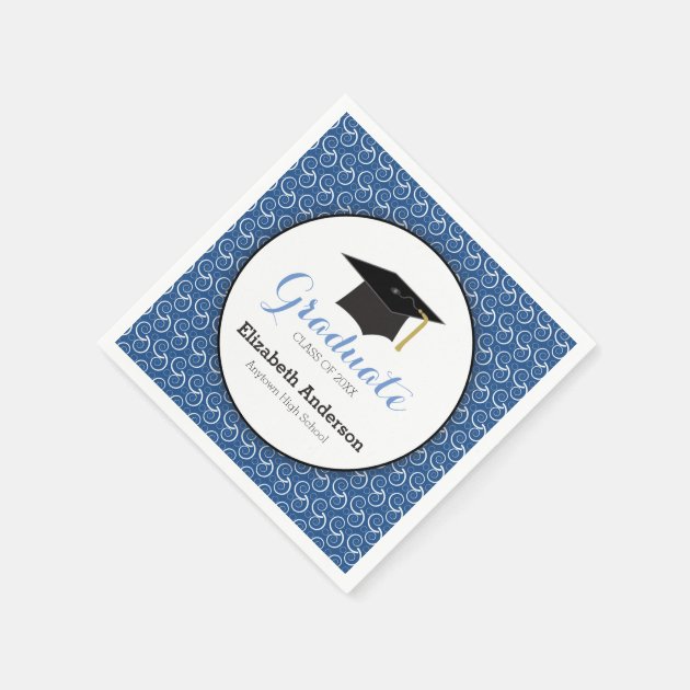 White Swirl On Blue, Personalized Graduation Napkin