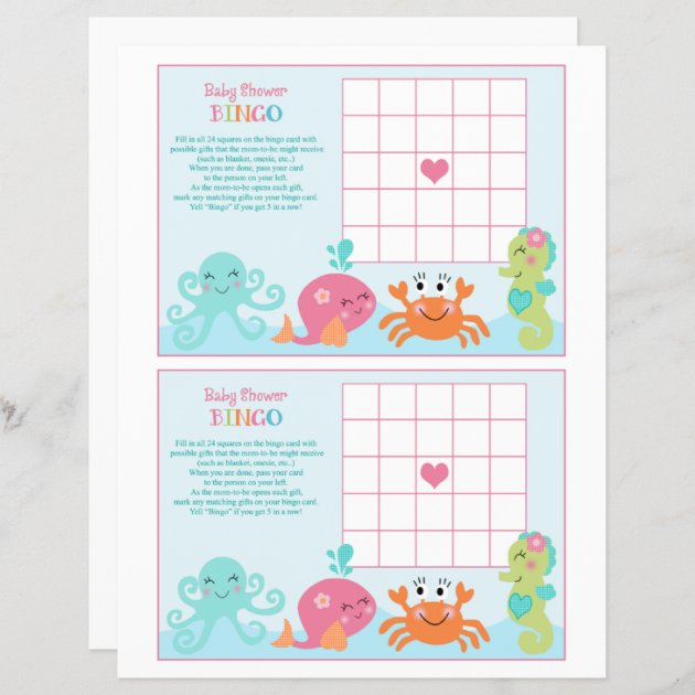 Under The Sea/Pink Whale "Baby Shower Bingo" Sheet
