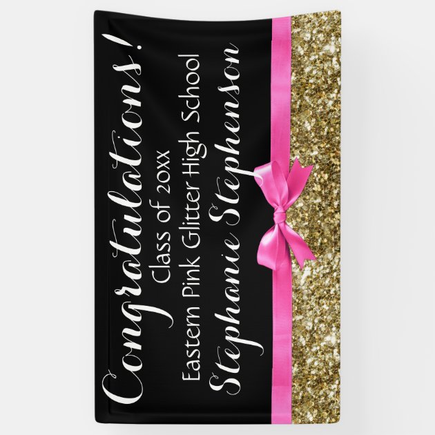 Pink Bow Gold Glitter Girls Graduation Party Banner