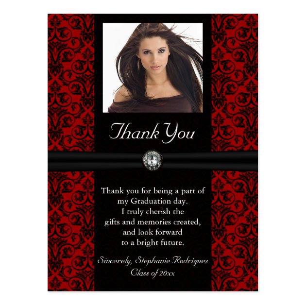 Photo Graduation Thank You Card Black/Red Damask