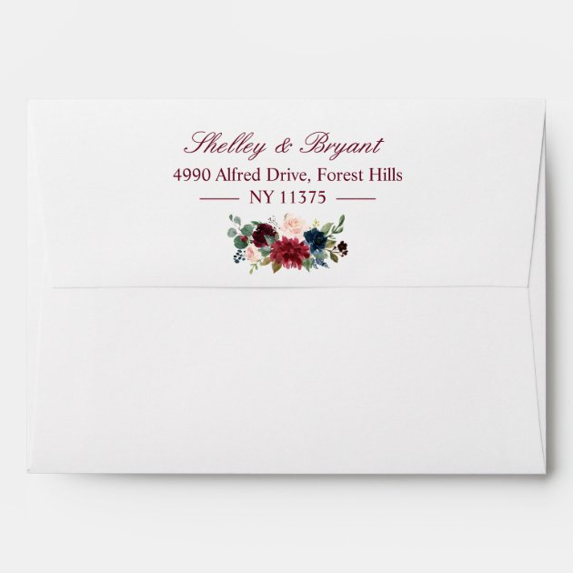 5x7 Burgundy Red Blush Floral With Return Address Envelope