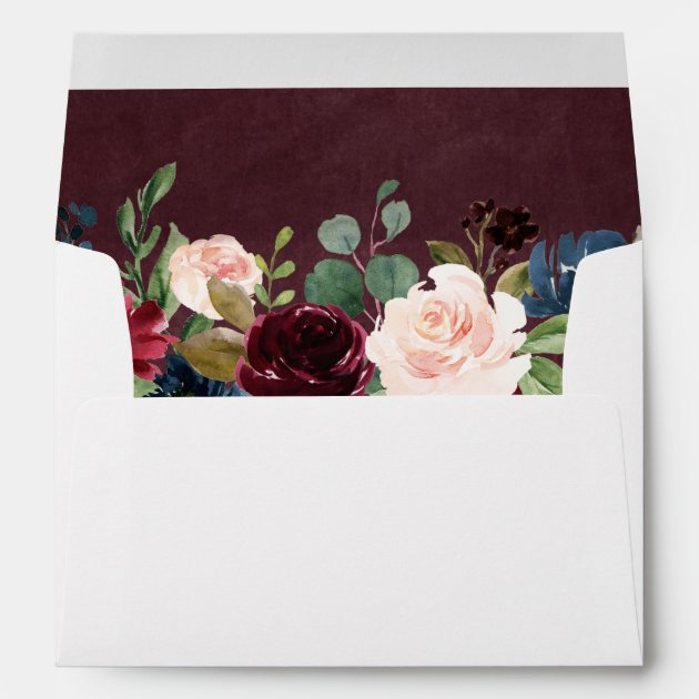 5x7 Burgundy Red Blush Floral With Return Address Envelope