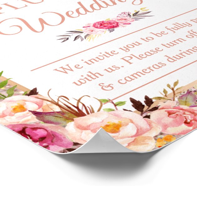 Rose Gold Floral Welcome To Unplugged Wedding Sign
